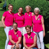 Die sechs Damen der AK50 des Golfclub Schmallenberg in Violetten Shirts und weißen Hosen vor einem grünen Busch bei blauem Himmel